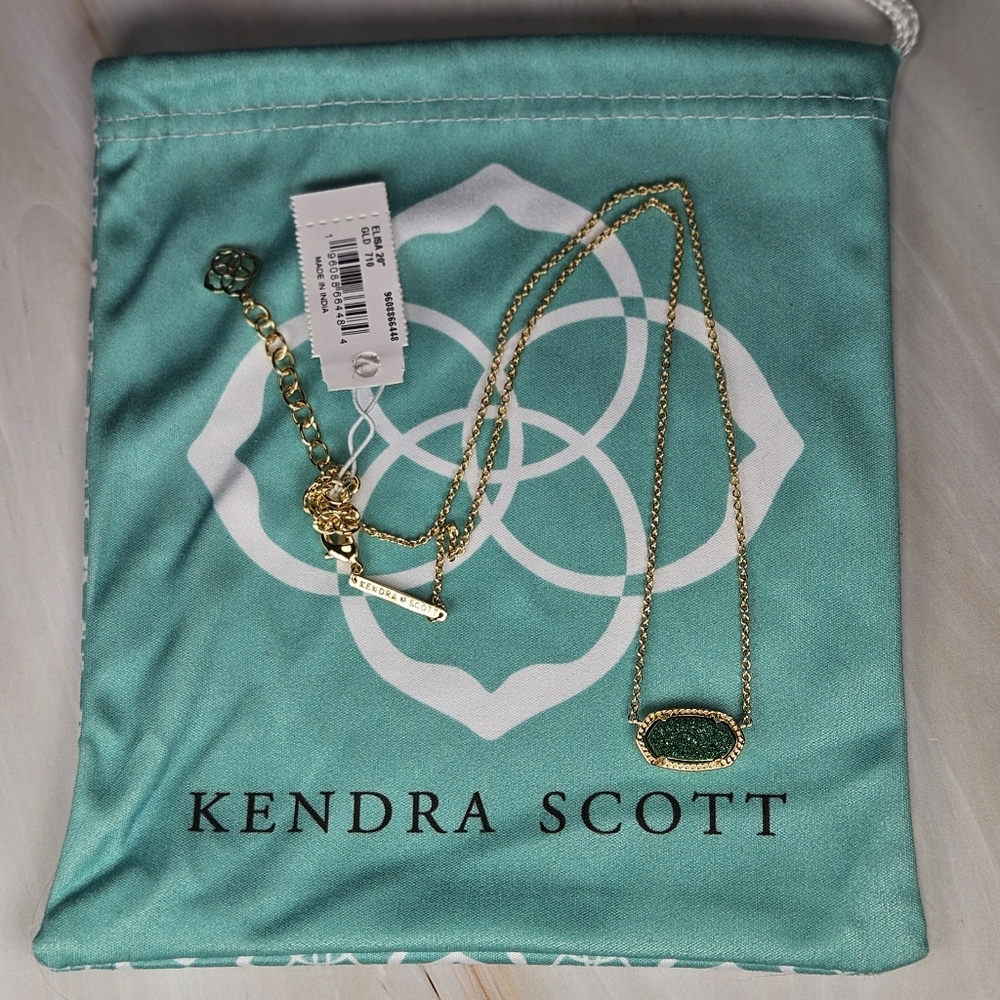 NWT Kendra Scott Gold Necklace Green Emerald Drusy 20" Chain